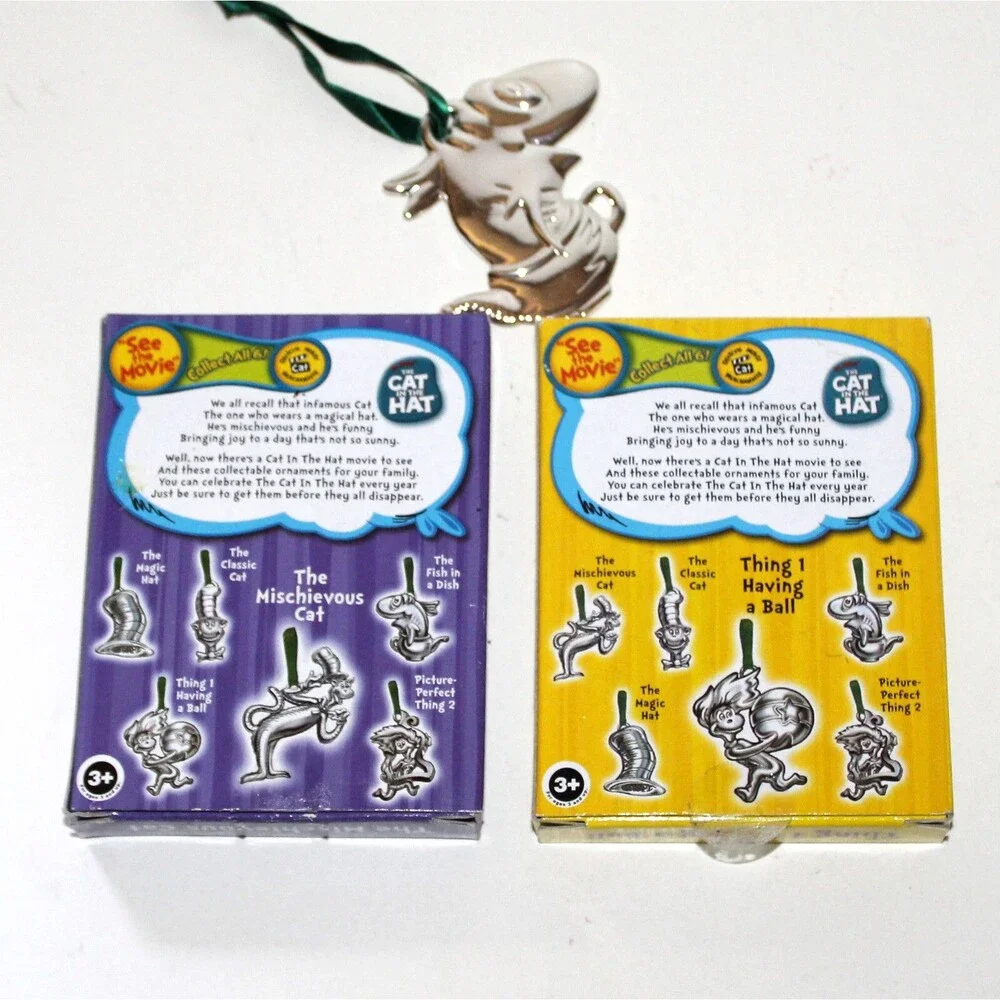 Lot of 3 Dr Seuss Cat In The Hat Christmas Ornaments Silver Plated Thing 1